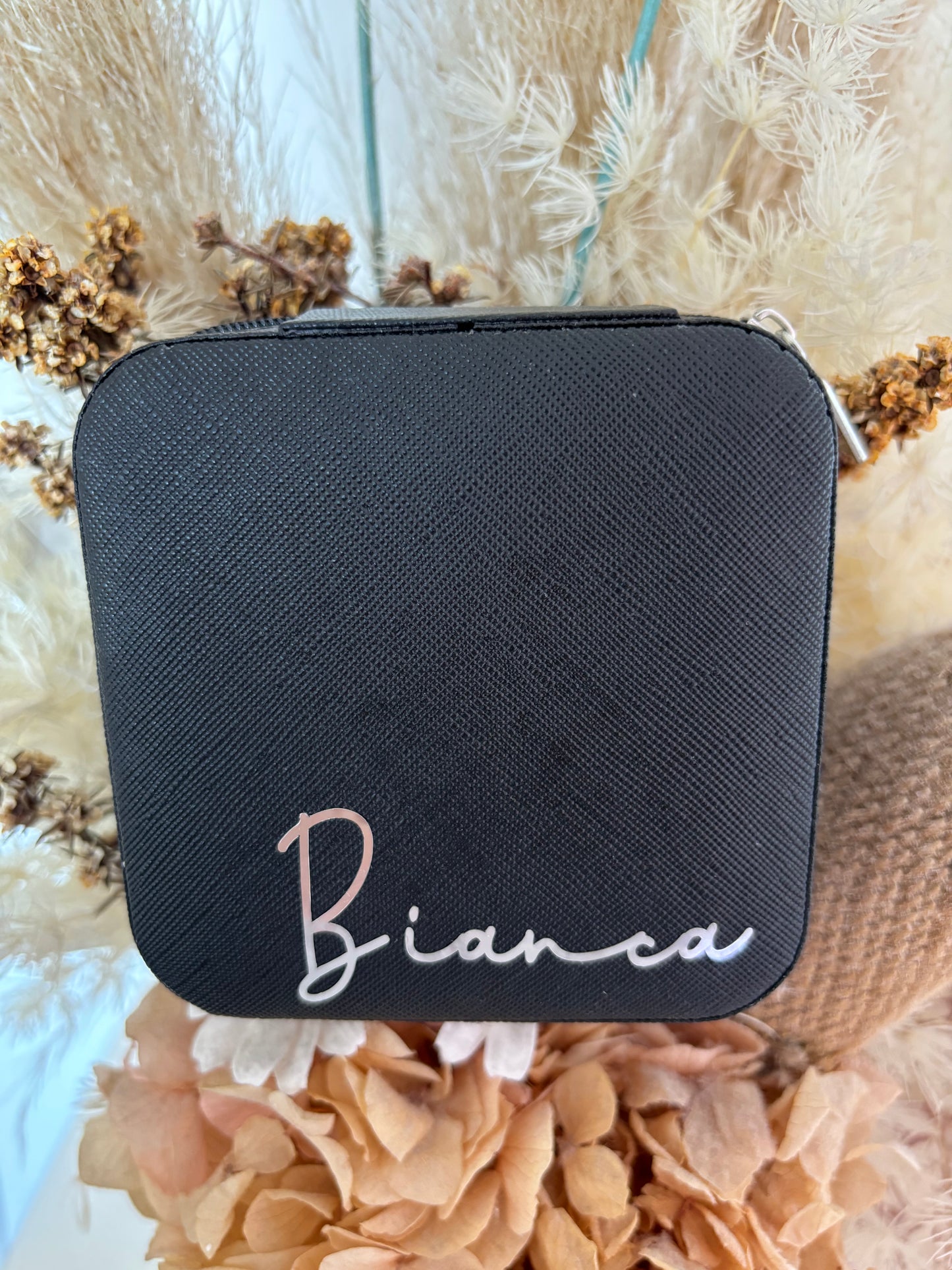 Personalised Portable Travel Jewellery Box - Black, Pink & White